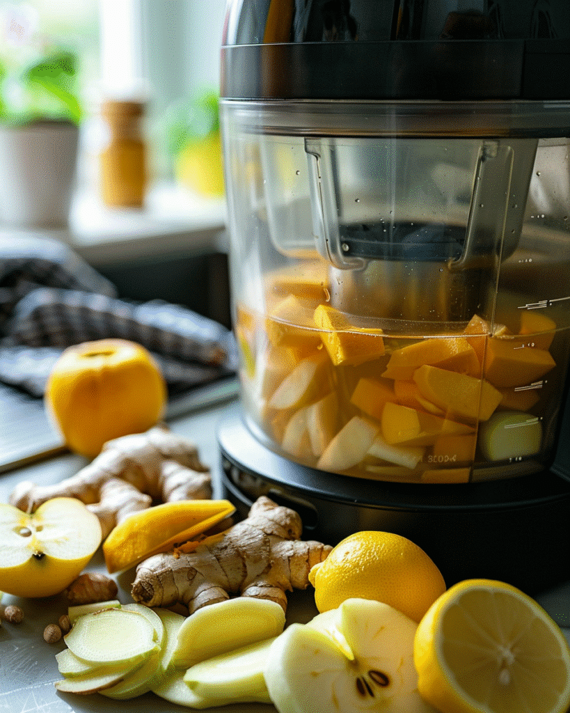Fresh ginger, turmeric, lemon, and apple being juiced step by step