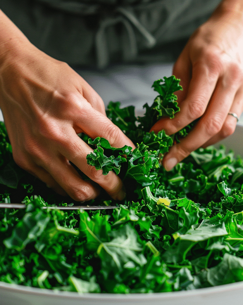 Hands massaging thinly sliced kale with lemon dressing
