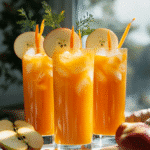 Tall glasses of carrot apple and ginger juice with apple slice garnish
