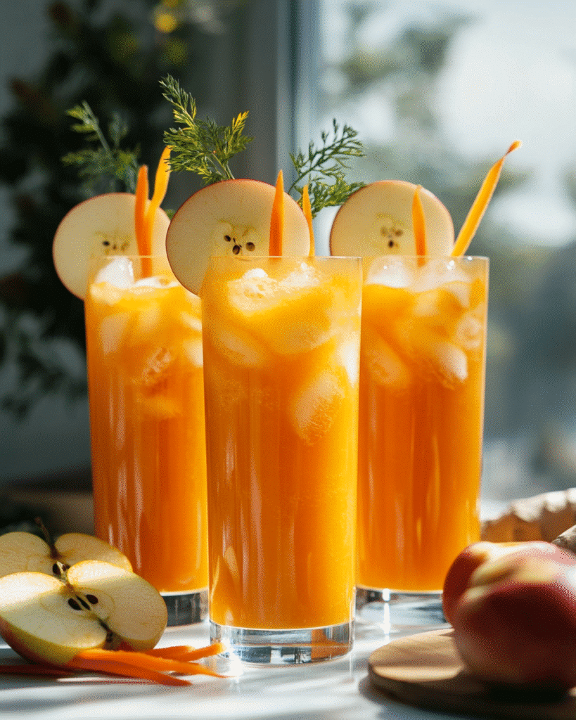 Tall glasses of carrot apple and ginger juice with apple slice garnish
