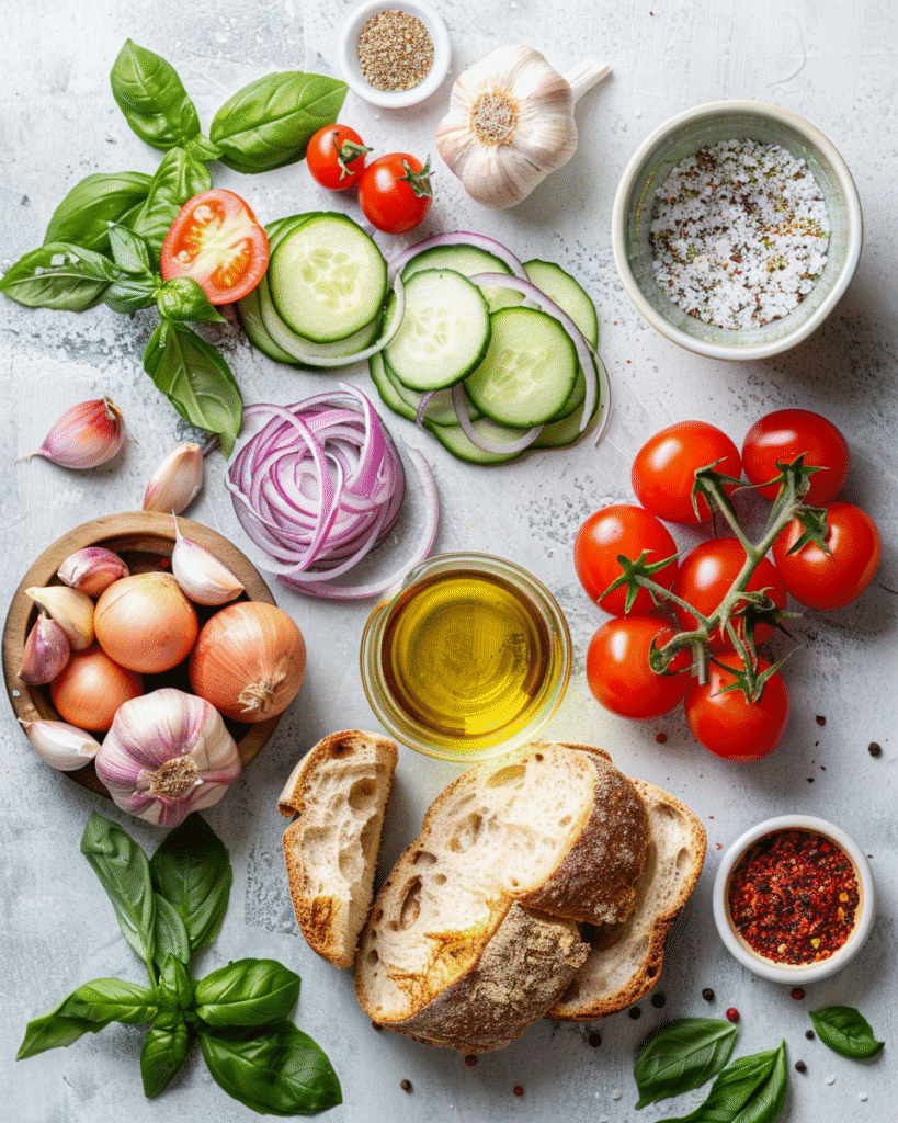 Flat lay of bread, tomatoes, cucumbers, onions, basil, olive oil, and vinegar