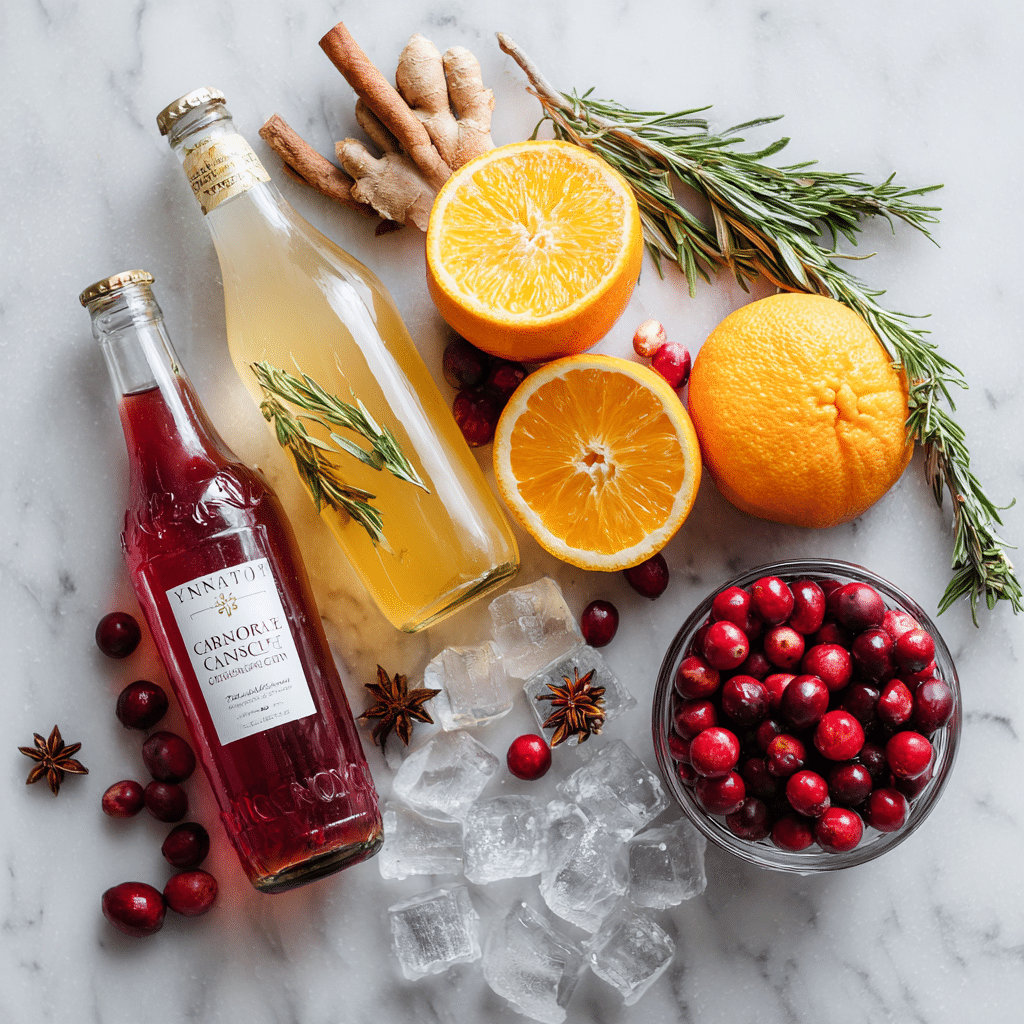 ingredients for christmas punch with cranberry juice ginger ale oranges cranberries and spices