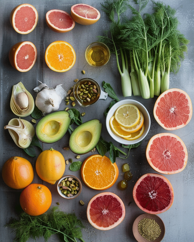 Flat lay of citrus fruits, fennel, avocado, nuts, and dressing ingredients