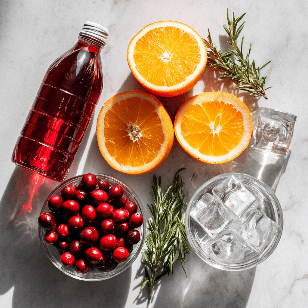 ingredients for cranberry orange mocktail including cranberry juice and oranges