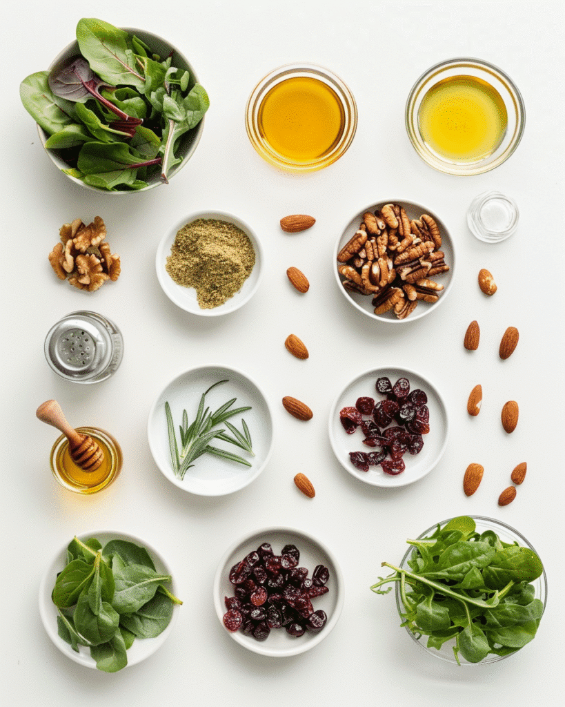 ingredients for dinner salad with mixed greens nuts and dried cranberries