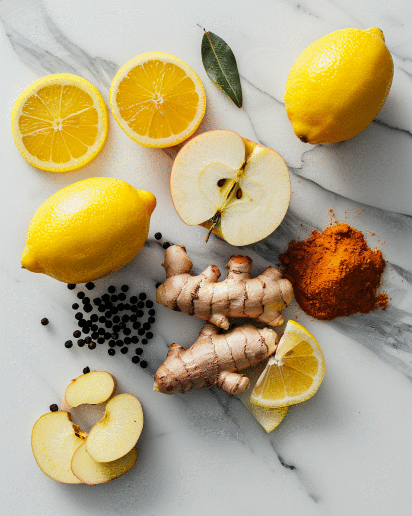 Flat lay of ginger, turmeric, lemon, apple, and black pepper for juice shot , Wellness Shot Juice