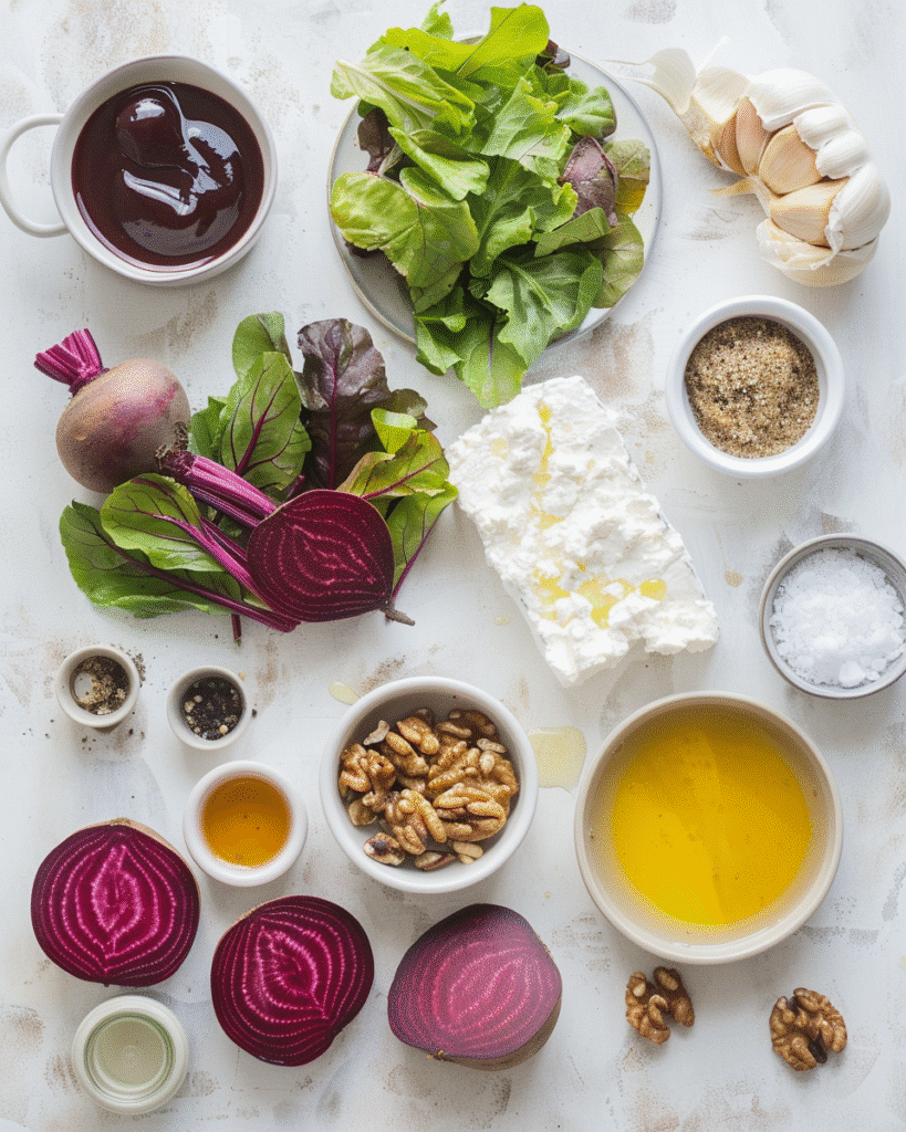 Flat lay of raw beets, greens, goat cheese, walnuts, and balsamic dressing ingredients