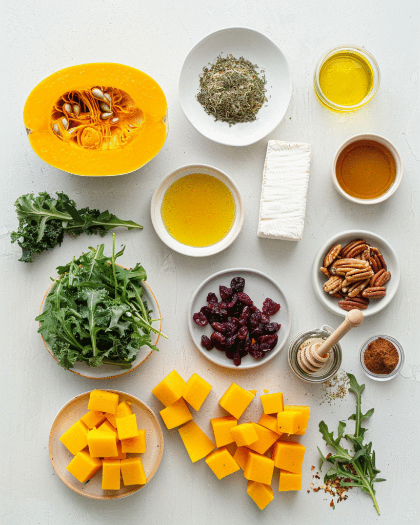 Ingredients laid out: squash, greens, cranberries, goat cheese, pecans, and vinaigrette