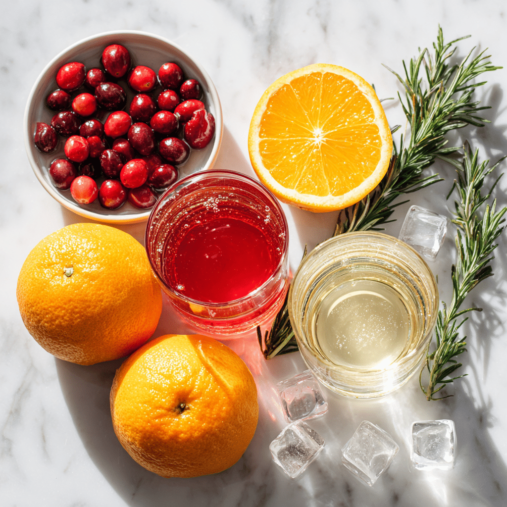 ingredients for virgin poinsettia mocktail cranberry juice orange juice and sparkling water