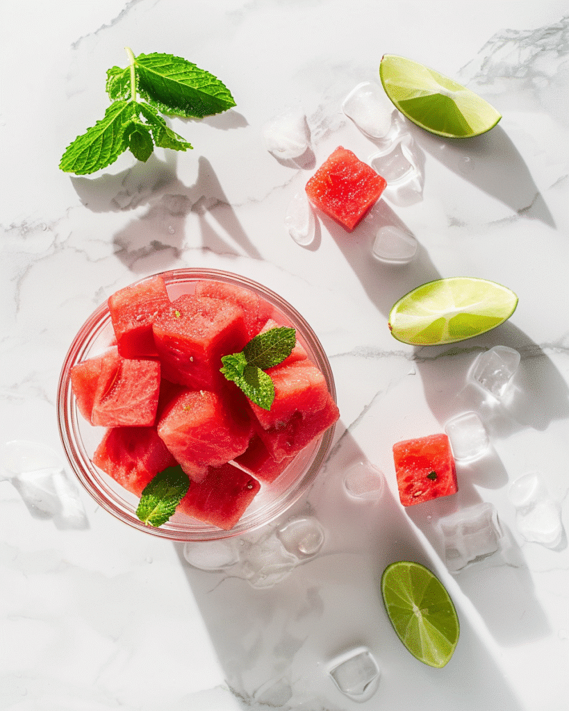 Flat lay of watermelon cubes, mint leaves, and lime wedges on a white marble background.