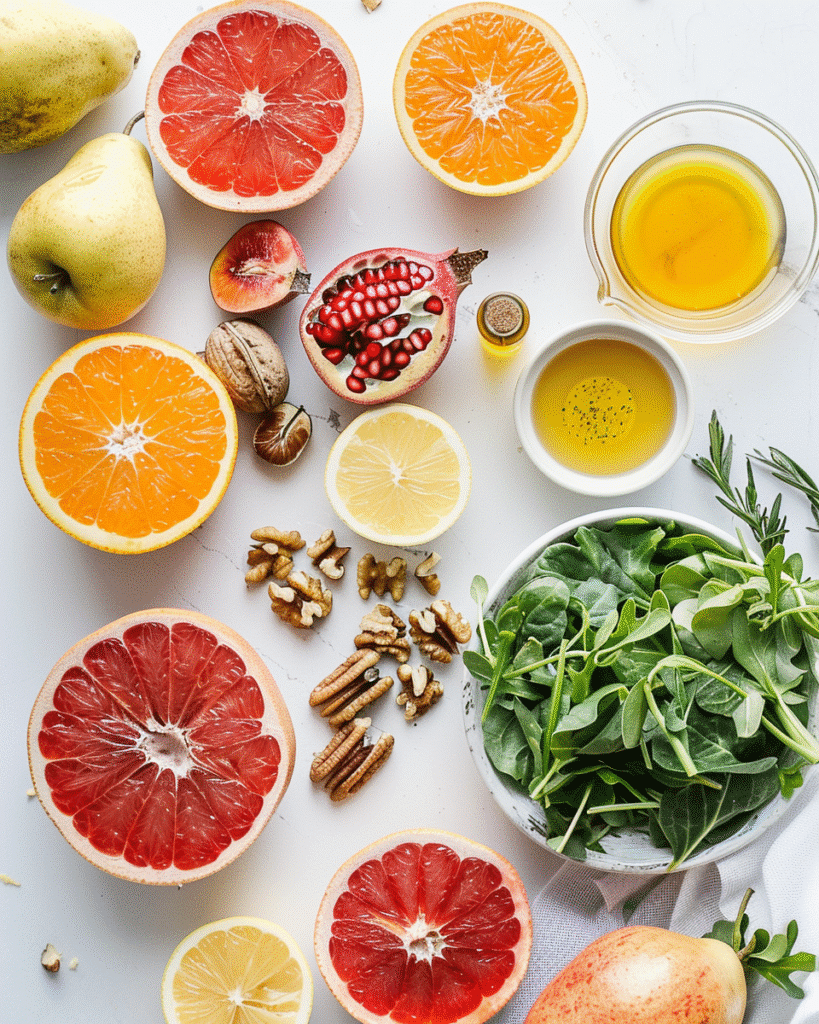 Ingredients for Winter Fruit & Nut Salad with citrus fruits, apples, nuts, and greens