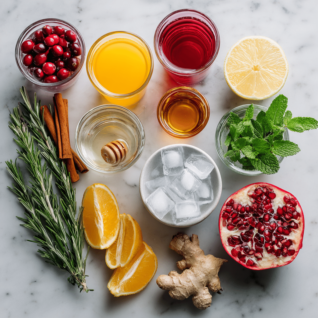 ingredients for holiday mocktail base citrus spices herbs