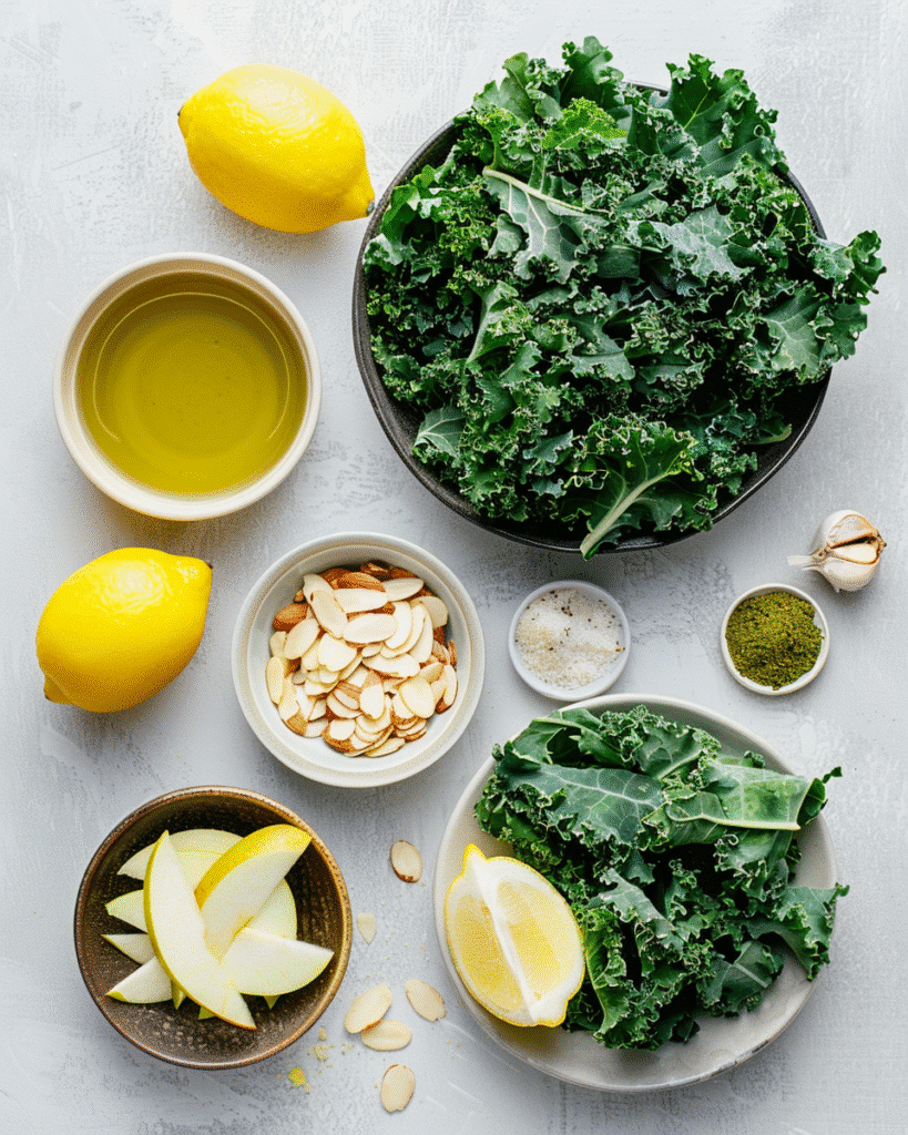 Ingredients for kale salad displayed on a clean surface