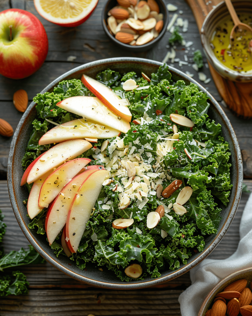 Overhead view of a tender massaged kale salad with apples, nuts, and parmesan