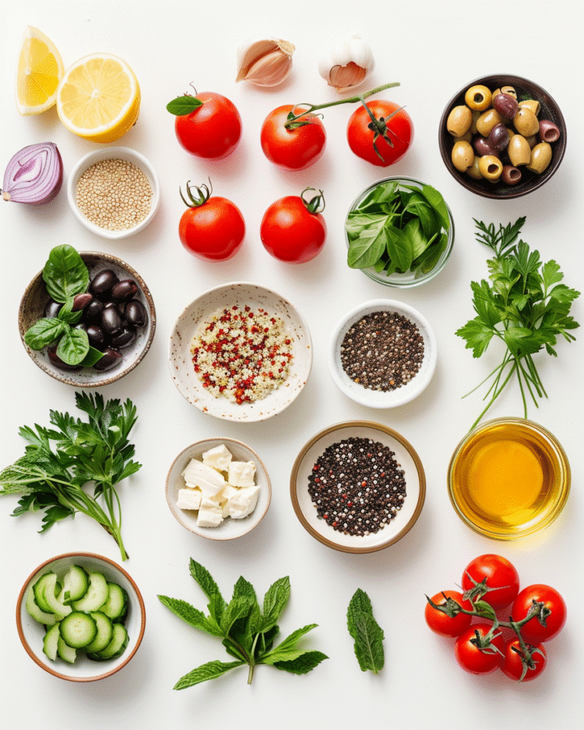 Flat lay of Mediterranean quinoa salad ingredients arranged on a white surface.