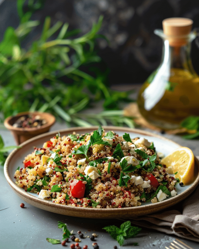 A plated serving of Mediterranean quinoa salad with lemon and herbs.