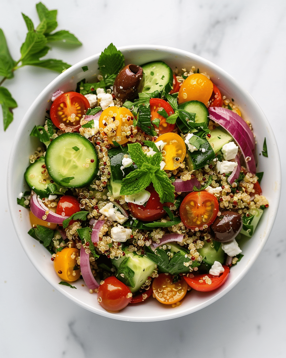 A colorful bowl of Mediterranean quinoa salad with tomatoes, cucumbers, olives, feta, and fresh herbs.