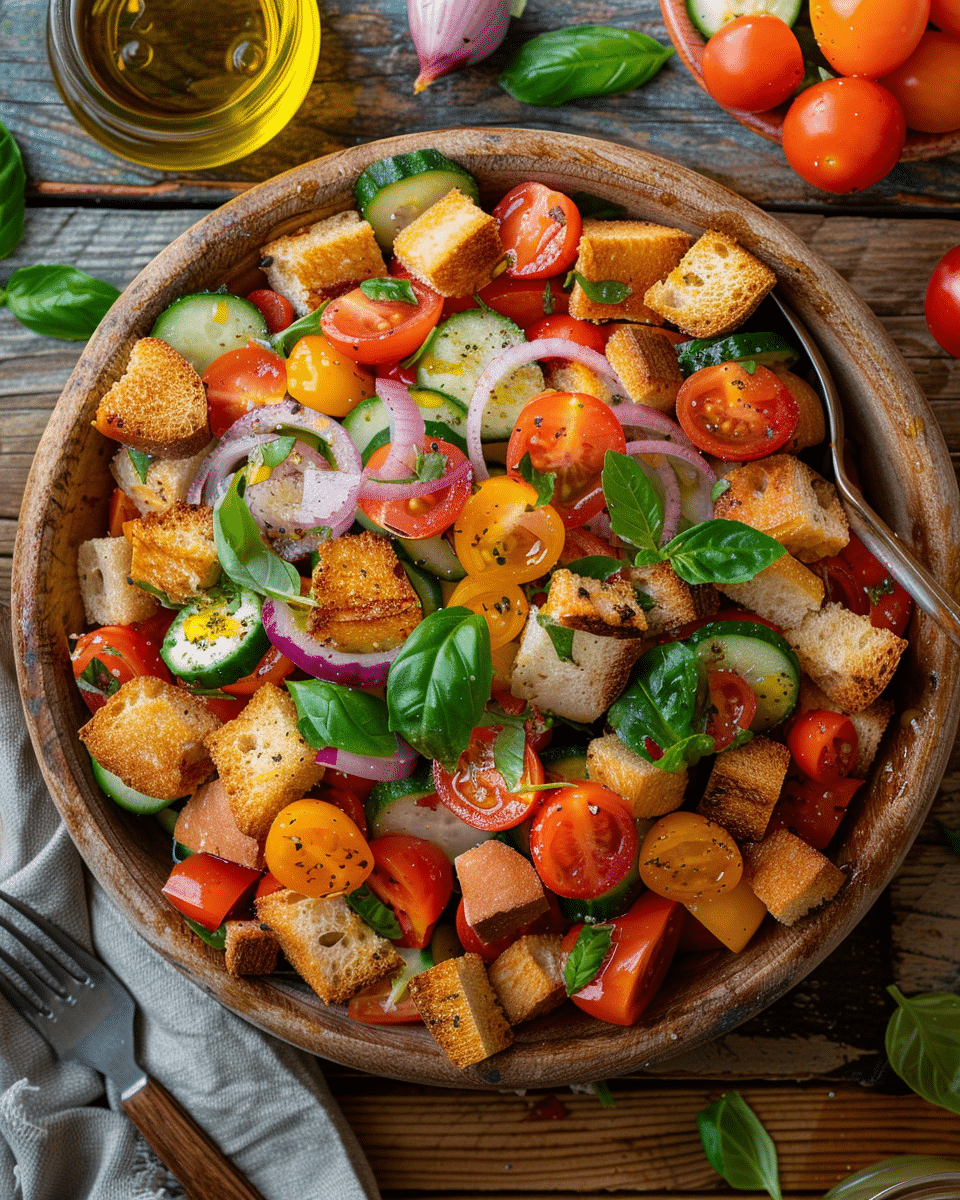 Rustic bowl of panzanella salad with toasted bread, tomatoes, cucumbers, and basil