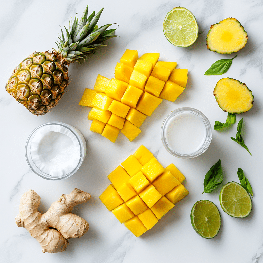 Flat-lay of pineapple, mango, lime, and ginger arranged neatly on a white surface