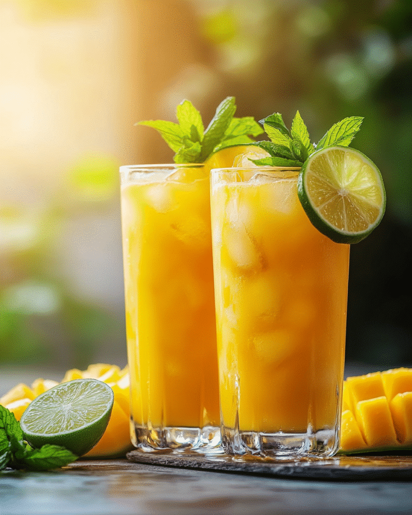 Glasses of pineapple mango juice with mint and lime served on a tropical-themed table