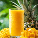 Glass of pineapple mango juice with fresh pineapple and mango pieces on a bright background
