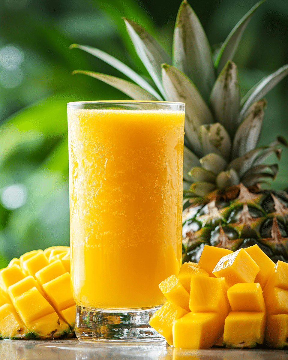 Glass of pineapple mango juice with fresh pineapple and mango pieces on a bright background