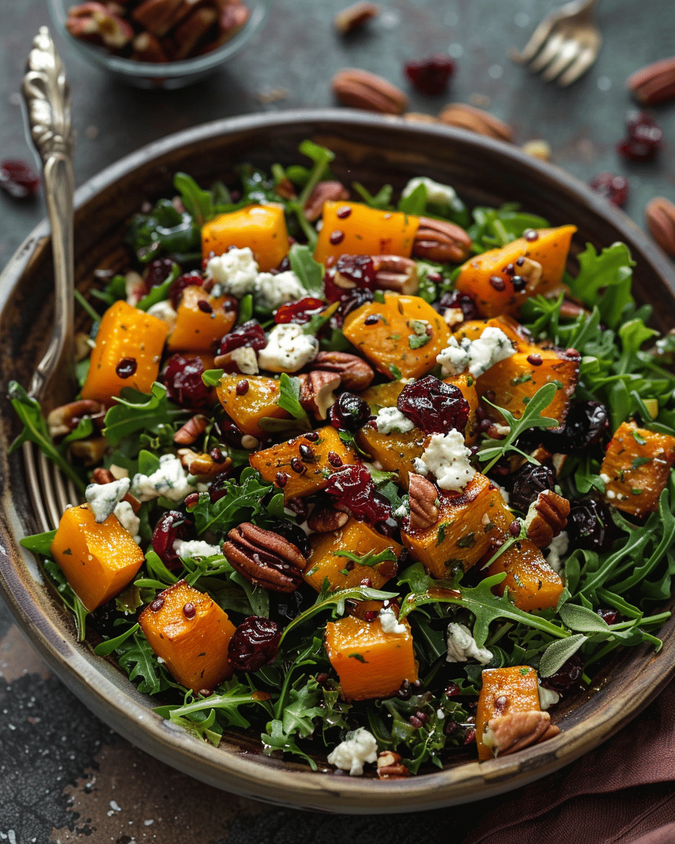 Ingredients laid out: squash, greens, cranberries, goat cheese, pecans, and vinaigrette
