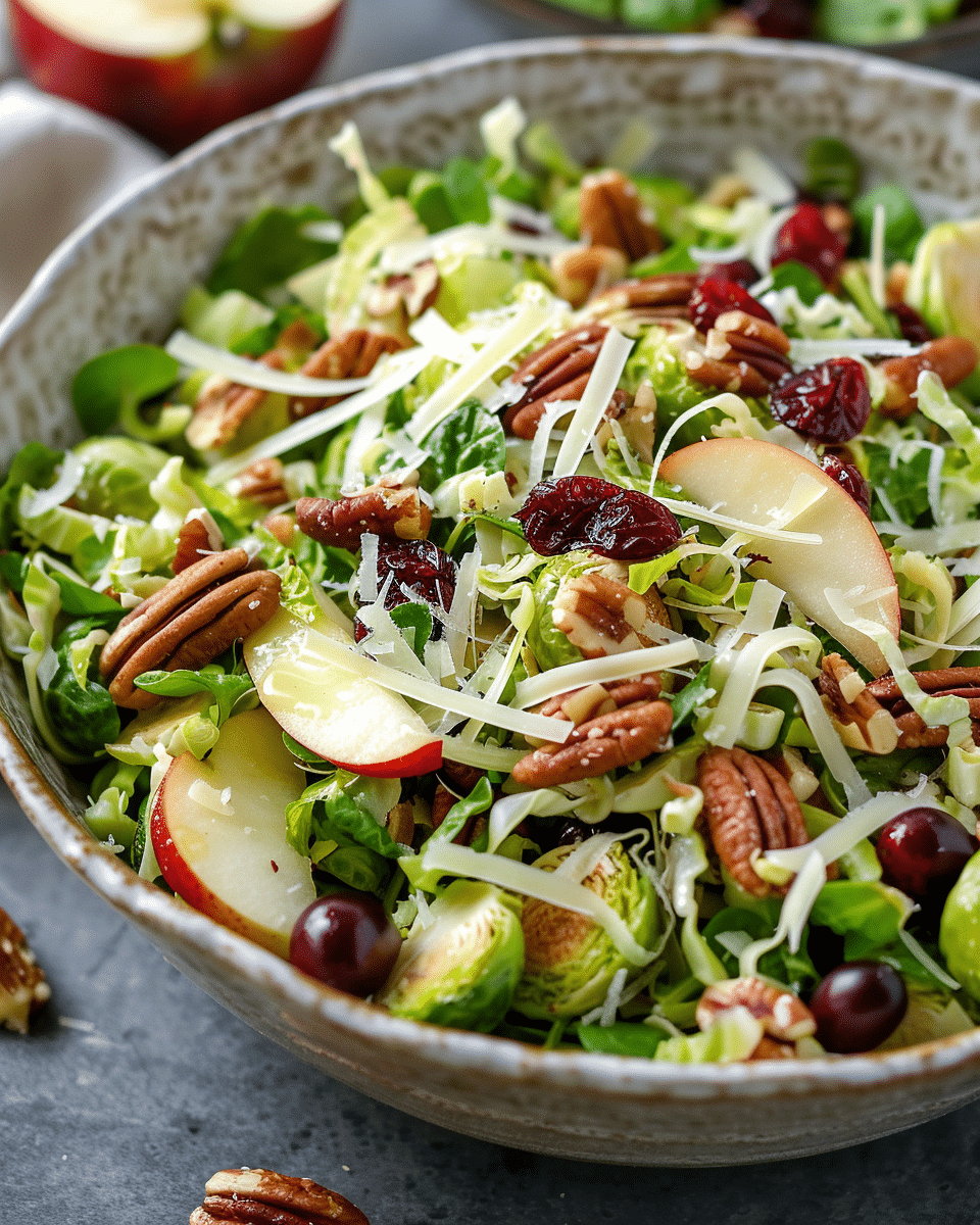 Freshly served Brussels sprout salad with apples, cranberries, nuts, and Parmesan