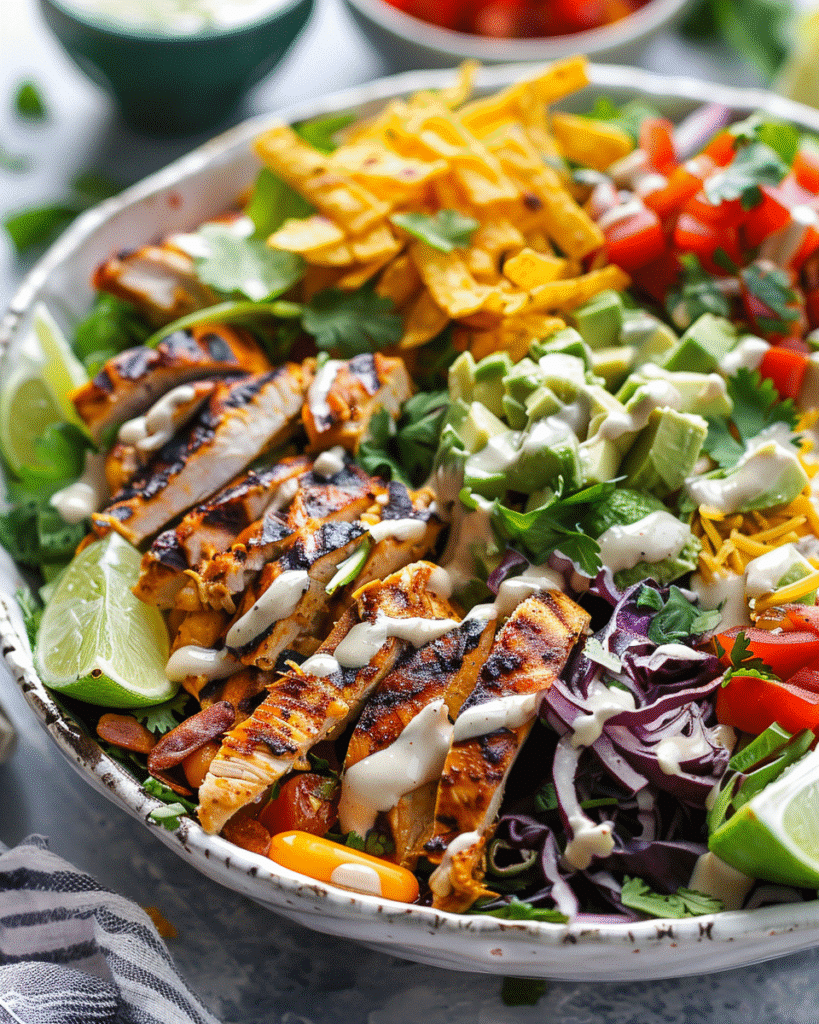 Best Chicken Taco Salad Dinner Recipe for a Quick and Delicious Meal 7 Chicken taco salad served with tortilla strips and taco dressing