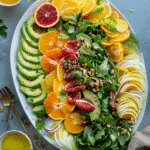 Plated Citrus Fennel & Avocado Winter Salad with citrus, fennel, avocado, greens, and pistachios