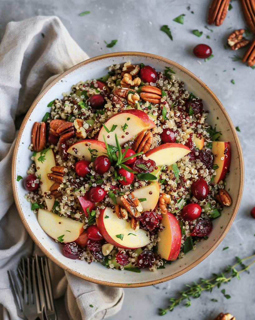 Cozy Cranberry Apple Quinoa Winter Salad with apples, cranberries, and nuts served in a bowl