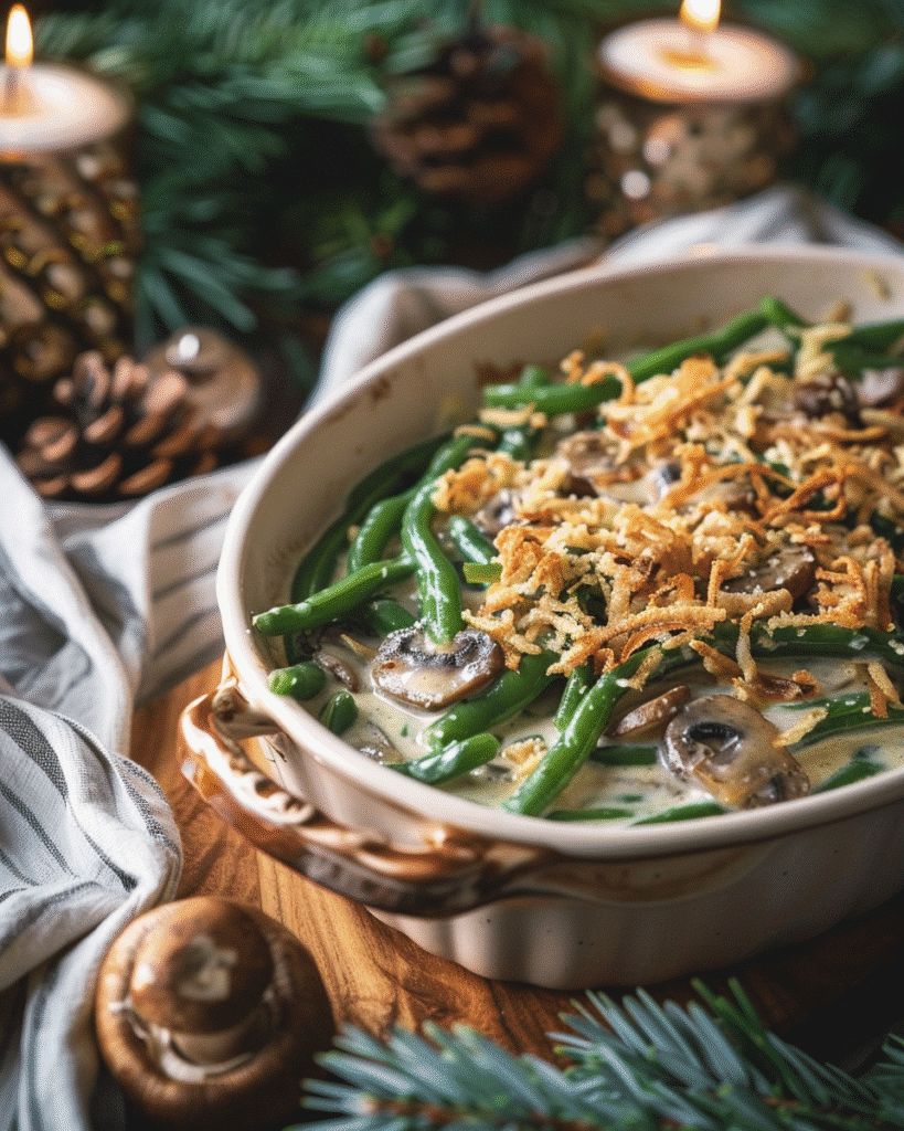 Green bean casserole served warm with crispy onion topping
