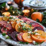 Plated Holiday Beet & Citrus Salad with Feta on festive table