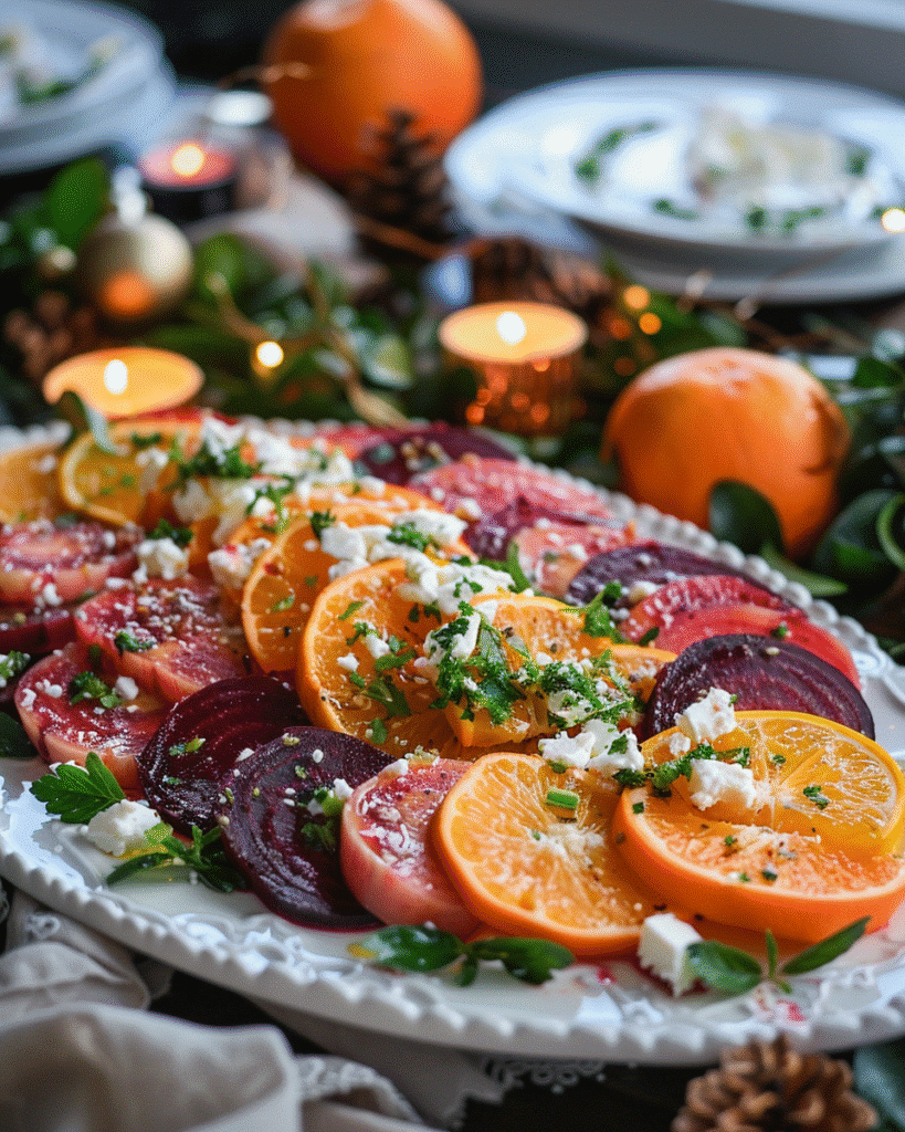 Plated holiday beet and citrus salad with feta on festive table