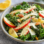 A bowl of kale salad topped with apples, nuts, and cheese ready to serve