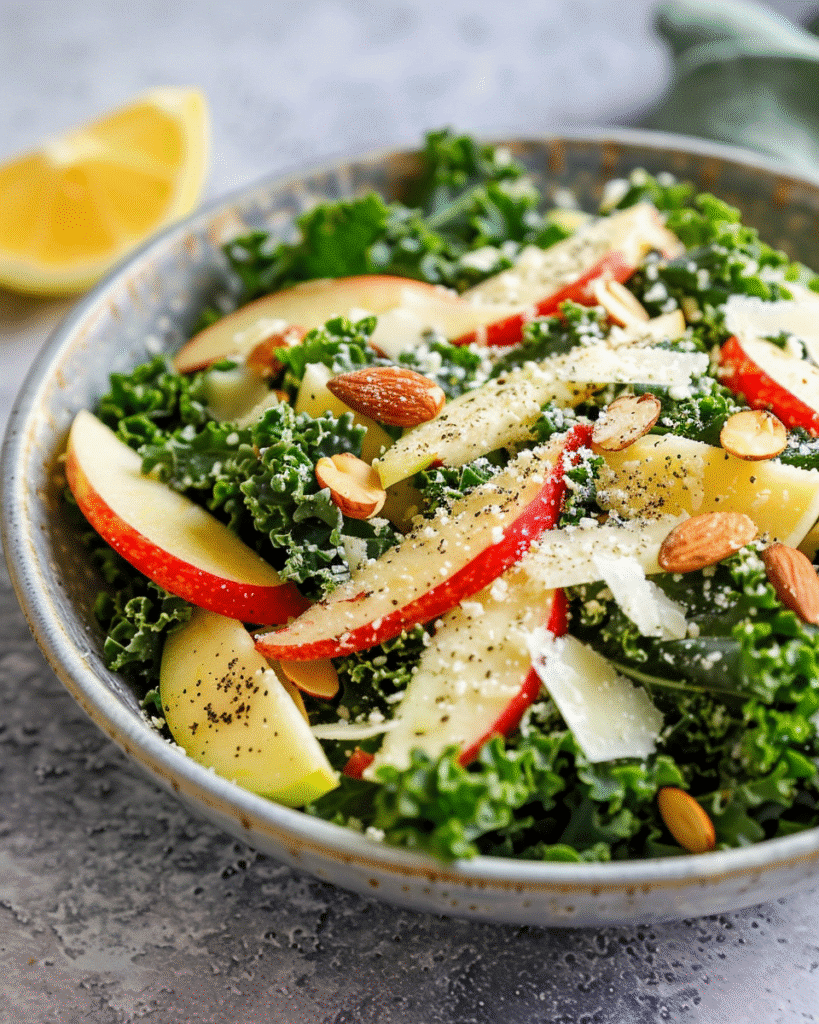 A bowl of kale salad topped with apples, nuts, and cheese ready to serve