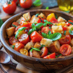 Panzanella salad served in a bowl with basil and olive oil