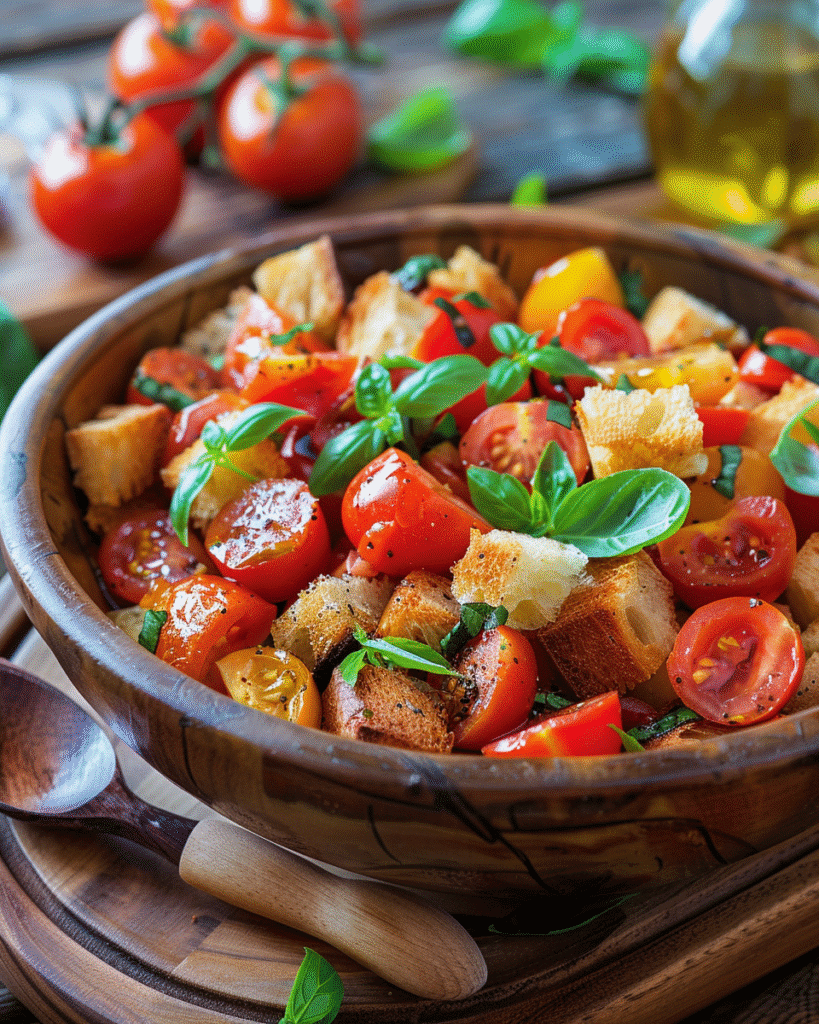 Panzanella salad served in a bowl with basil and olive oil