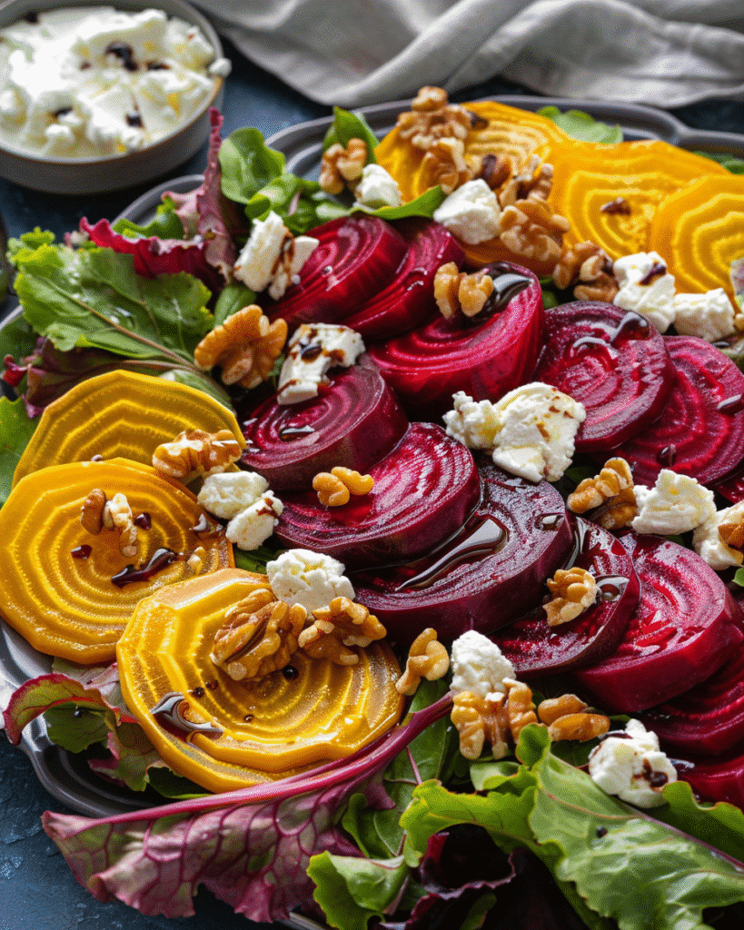 Plated roasted beet salad with greens, goat cheese, and walnuts