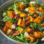 Plated roasted squash salad with cranberries, pecans, and goat cheese