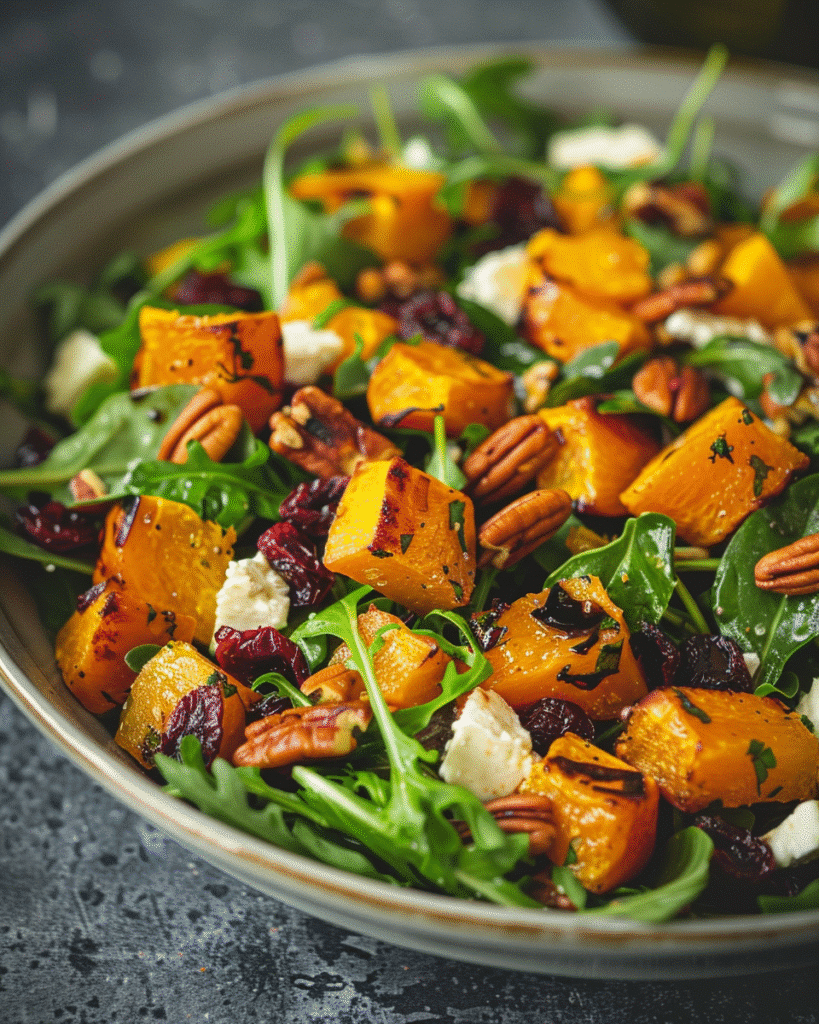 Plated roasted squash salad with cranberries, pecans, and goat cheese