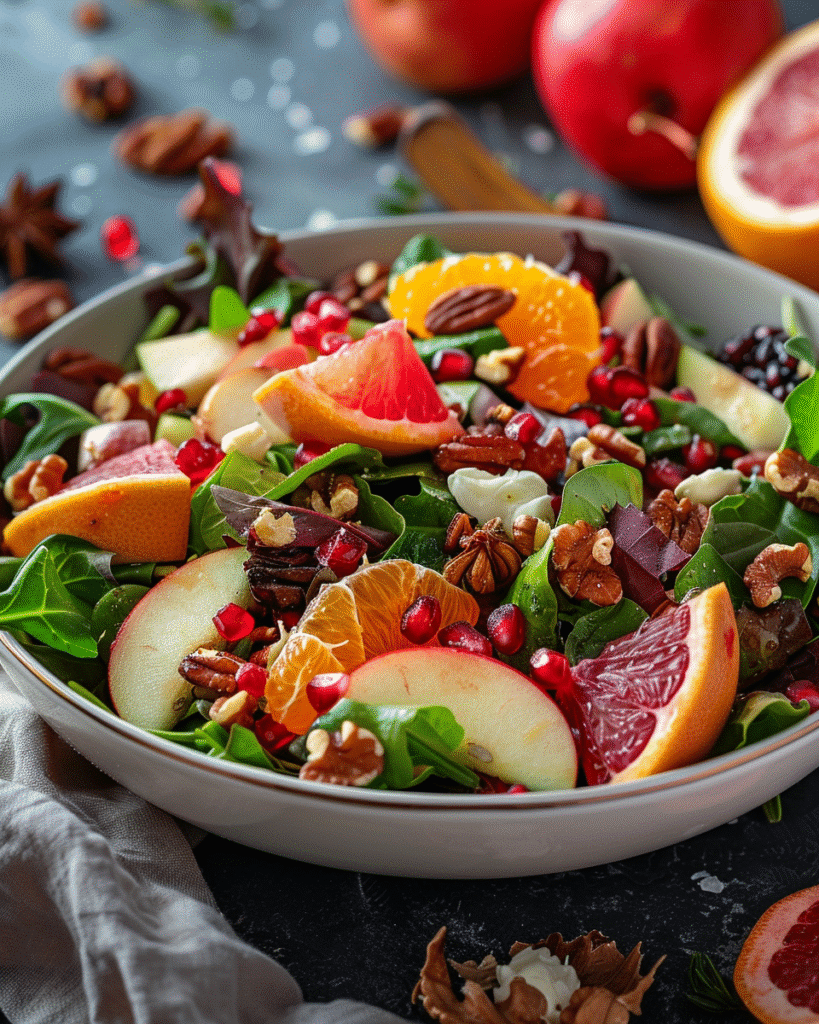 Plated winter fruit and nut salad served as a festive side