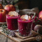 Two glasses of Fall Harvest Juice garnished with apple slices on a rustic autumn table.