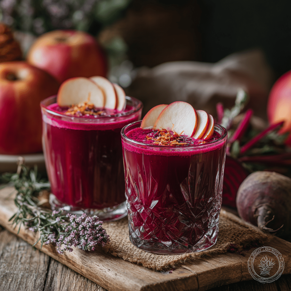 Two glasses of Fall Harvest Juice garnished with apple slices on a rustic autumn table.