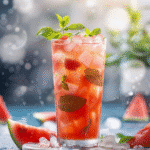 Cold glass of watermelon mint juice with ice and a fresh mint sprig.