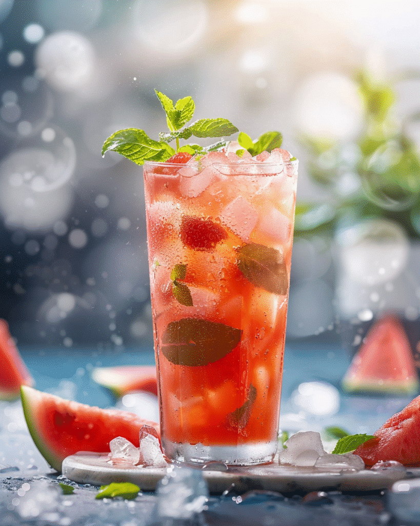 Cold glass of watermelon mint juice with ice and a fresh mint sprig.