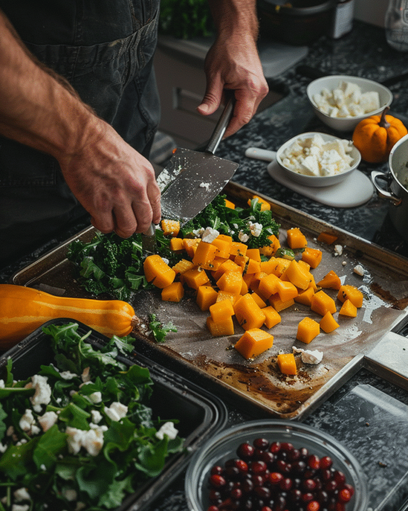 Steps showing roasting squash, prepping greens, and assembling salad