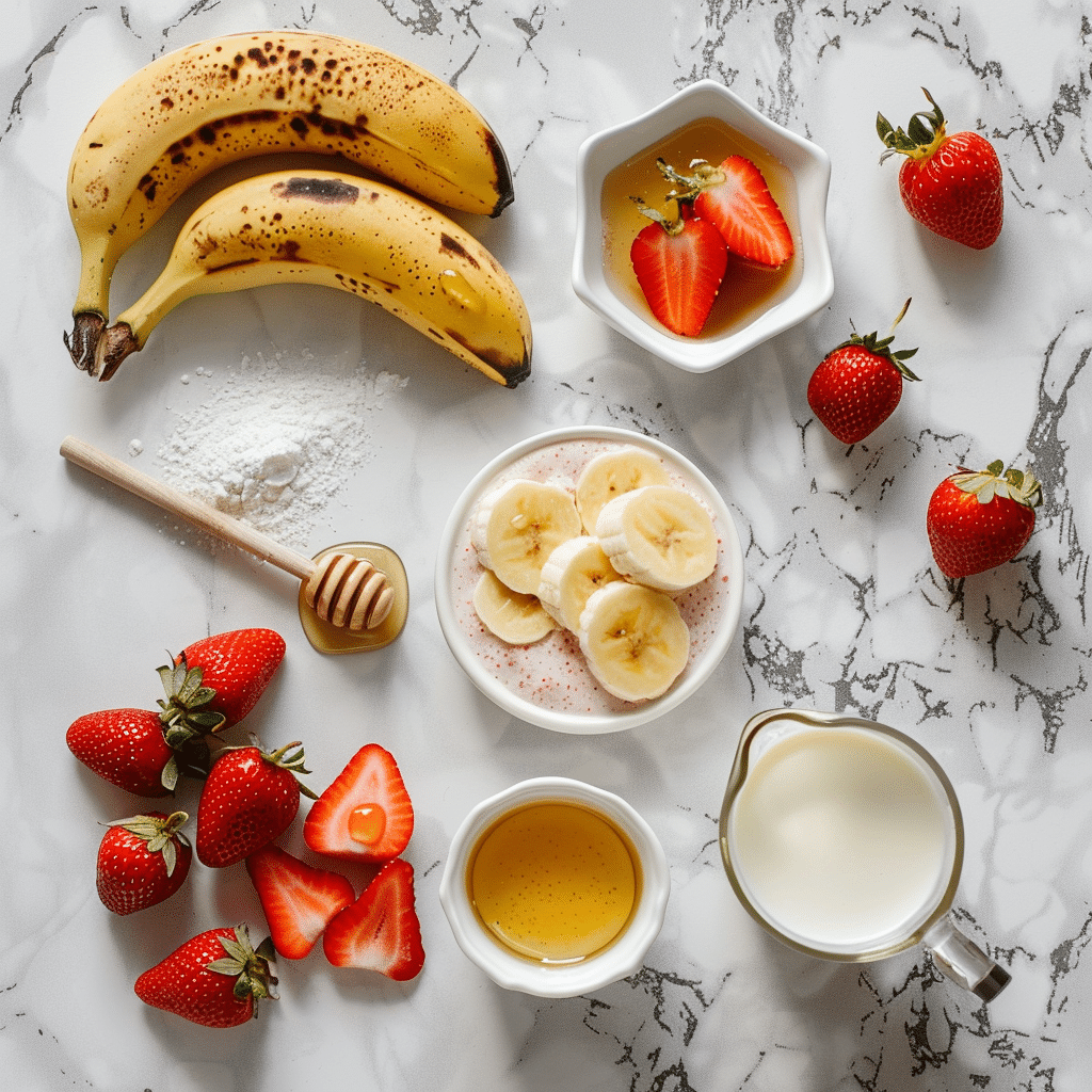 Flat lay of bananas, strawberries, yogurt, milk, and honey arranged for a strawberry banana smoothie.