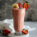 Strawberry banana smoothie served in a glass with strawberry slices and chia seeds on top.