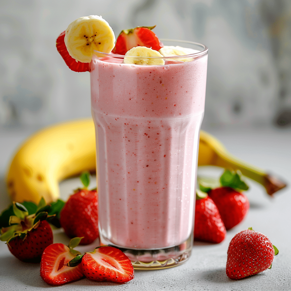 Creamy strawberry banana smoothie in a tall glass with fresh strawberries and banana slices.
